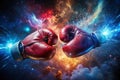 Powerful Boxing Gloves Collide Against a Dramatic Night Sky A Double Exposure Masterpiece Capturing the Raw Energy of Royalty Free Stock Photo