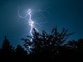 Powerful branching thunderbolt hits the ground behind a tree Royalty Free Stock Photo
