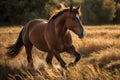 Majestic Stallion Galloping in Golden Grassland, Wild Horse in Motion with Dust and Sunlight Royalty Free Stock Photo