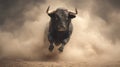 Powerful Bull Charging Through Thick Dust in an Intense Action Scene. Royalty Free Stock Photo