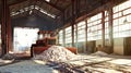 A powerful bulldozer maneuvers through a warehouse filled with snow, amidst towering piles of potash fertilizers