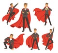 Powerful businessman in different action superhero poses. Vector illustrations in cartoon style