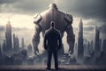 A powerful businessman and giant robot in a developed modern city. Generative AI