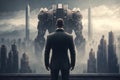 A powerful businessman and giant robot in a developed modern city. Generative AI