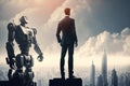 A powerful businessman and giant robot in a developed modern city. Generative AI