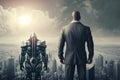 A powerful businessman and giant robot in a developed modern city. Generative AI