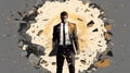 Powerful businessman in a suit shattering a concrete wall using his power of mind illustration