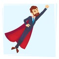 Powerful businessman superhero hero in red cape pose fly. Vector illustrations in cartoon style