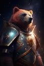 In a powerful and captivating illustration, a bear stars warrior is portrayed with a sense of primal strength and cosmic might,