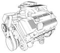 Powerful car engine. The engine is drawn with black lines on a white background. Royalty Free Stock Photo