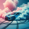 Powerful car performing an intense drift, surrounded by vibrant clouds of rubber burnout smoke in a Royalty Free Stock Photo