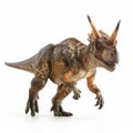 A powerful Carnotaurus with its distinctive horns and robust body, in a dynamic running pose,