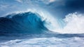 Powerful colossal ocean wave towering under clear blue sky, breathtaking natural beauty