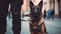 Police dog on leash in street Royalty Free Stock Photo