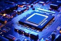 A powerful computer processor or chip on a motherboard. Modern technologies. Blue background Royalty Free Stock Photo