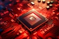 A powerful computer processor or chip on a motherboard. Modern technologies. Red background Royalty Free Stock Photo