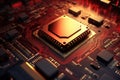 A powerful computer processor or chip on a motherboard. Modern technologies. Red background. Modern electronics production Royalty Free Stock Photo