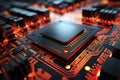 A powerful computer processor or chip on a motherboard. Modern technologies. Red background. Modern electronics production Royalty Free Stock Photo