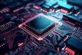 A powerful computer processor or chip on a motherboard. Modern technologies. Red background. Modern electronics production Royalty Free Stock Photo