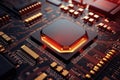 A powerful computer processor or chip on a motherboard. Modern technologies. Red background. Modern electronics production Royalty Free Stock Photo