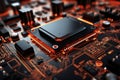 A powerful computer processor or chip on a motherboard. Modern technologies. Red background. Modern electronics production Royalty Free Stock Photo