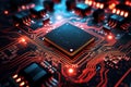 A powerful computer processor or chip on a motherboard. Modern technologies. Red background. Modern electronics production Royalty Free Stock Photo