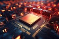 A powerful computer processor or chip on a motherboard. Modern technologies. Red background. Modern electronics production Royalty Free Stock Photo
