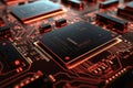 A powerful computer processor or chip on a motherboard. Modern technologies. Red background. Modern electronics production Royalty Free Stock Photo