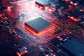 A powerful computer processor or chip on a motherboard. Modern technologies. Red background. Modern electronics production Royalty Free Stock Photo