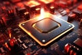A powerful computer processor or chip on a motherboard. Modern technologies. Red background. Modern electronics production Royalty Free Stock Photo