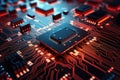 A powerful computer processor or chip on a motherboard. Modern technologies. Red background. Modern electronics production Royalty Free Stock Photo