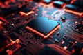 A powerful computer processor or chip on a motherboard. Modern technologies. Red background. Modern electronics production Royalty Free Stock Photo