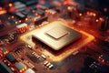 A powerful computer processor or chip on a motherboard. Modern technologies. Red background. Modern electronics production Royalty Free Stock Photo