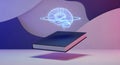 Visualizing Future Knowledge: Glowing Digital Brain and Floating Textbook for Learning and Advanced Technology. Royalty Free Stock Photo