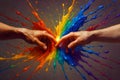 Hands Touching With Rainbow Paint Splash Symbol Of Unity Royalty Free Stock Photo