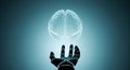 Conceptual AI Brain Floating Above a Cybernetic Hand: Symbolizing Advanced Technology and Future Thinking Royalty Free Stock Photo
