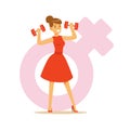 Powerful confident woman in a red dress lifting dumbbells, feminism colorful character vector Illustration