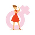 Powerful confident woman in a red dress showing her biceps, feminism colorful character vector Illustration