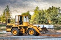 Powerful crawler bulldozer close-up at the construction site. Construction equipment for moving large volumes of soil. Modern Royalty Free Stock Photo