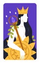 Powerful crowned Queen with wand and sun. Wealth, prosperity, abundance, fortune, power and fertility concept. Monarchy