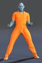 Powerful 3D alien man wearing manual worker or convict overalls