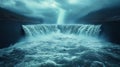 A powerful dam with a waterfall crashing over it and a tornado in the sky above adding to the intensity of the scene Royalty Free Stock Photo