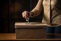 Female hand putting voting paper in the ballot box. Election concept. Ai generative Royalty Free Stock Photo