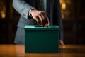 Male hand putting voting paper in the ballot box. Election concept. Ai generative Royalty Free Stock Photo