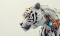 powerful depiction of a robotic entity adorned with head of a albino tiger, blending attributes of artificial intelligence with