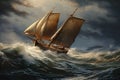 A powerful depiction of a sailboat navigating treacherous waves during a storm at sea., Sailboat on rough water, AI Generated, AI