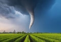 Powerful destructive tornado emerging over a green field. Storm clouds. Generative AI