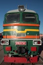 Powerful diesel locomotive front view