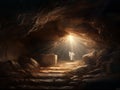 Dramatic Resurrection Scene of Jesus Christ, Empty Tomb with Angelic Light, Digital Painting