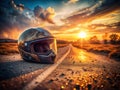 A Powerful Double Exposure Motorcycle Helmet on a Road Marking a Tragic Sunset Accident A Striking Visual of Royalty Free Stock Photo